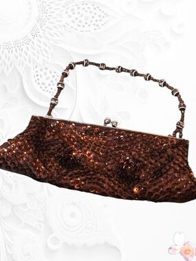 Vintage Chateau‑Style Brown Sequined Beaded Clutch Bag – Made in China Like New